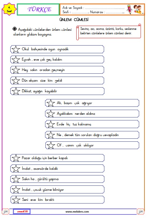 4. Sınıf Türkçe Ünlem Cümlesi Etkinliği